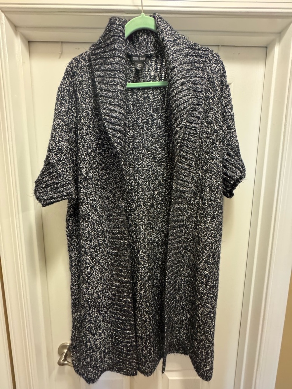 White House Black Market Black & White Marled Shawl-Collar Open Cardigan